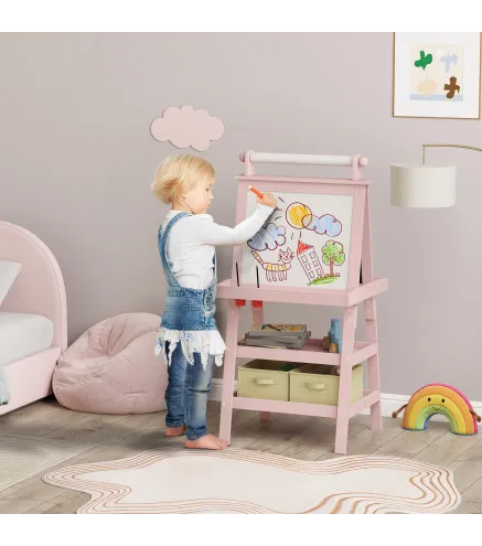 Pizarra Infantil Caballete 3 en 1 Caballete de Pintura para Niños de Doble Cara con Rollo de Papel y Cestas Rosa Palo