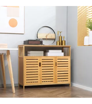 Aparador para Salón de Bambú con 3 Puertas Ranuradas Estantes para Comedor Cocina Entrada Natural 100x35x82 cm