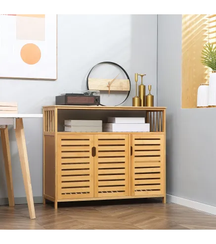 Aparador para Salón de Bambú con 3 Puertas Ranuradas Estantes para Comedor Cocina Entrada Natural 100x35x82 cm