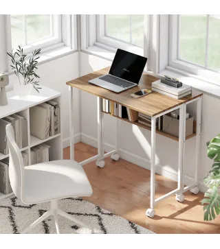 Escritorio Plegable con Ruedas Balda y Bolsillo de Almacenaje Ideal para Espacios Pequeños 80x50x75 cm Blanco y Natural
