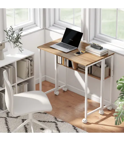 Escritorio Plegable con Ruedas Balda y Bolsillo de Almacenaje Ideal para Espacios Pequeños 80x50x75 cm Blanco y Natural