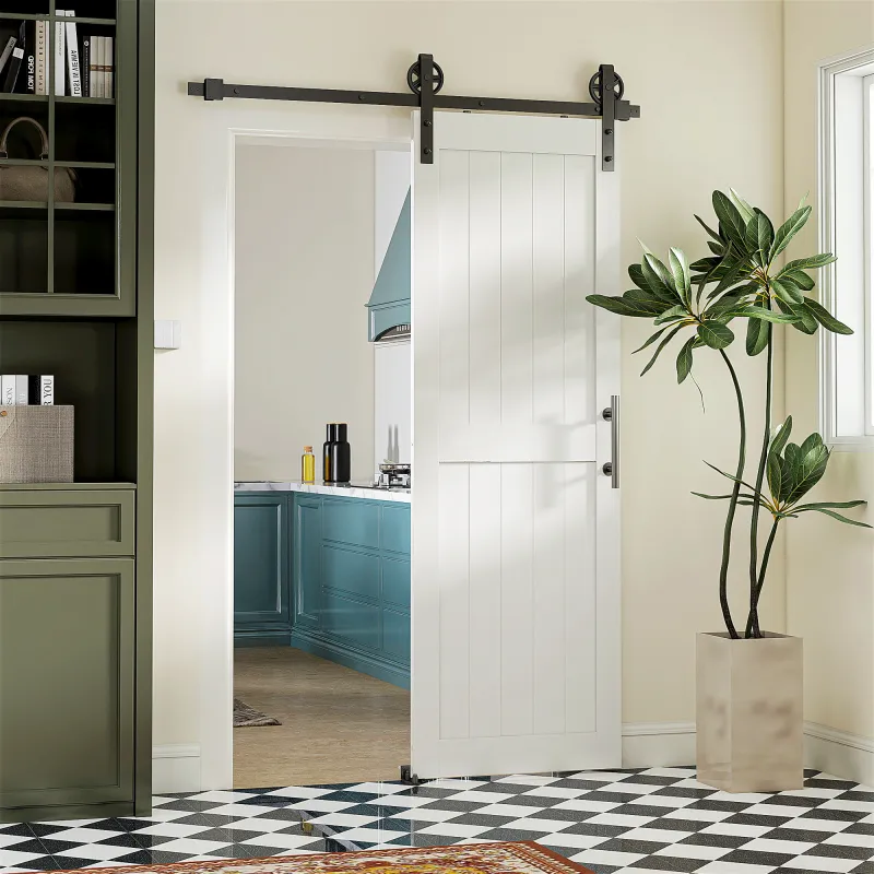 Puerta Corredera de Granero con Herrajes Manija Rodillo y Guía de Suelo Mejorados para Baño Salón 71,5x213,4 cm Blanco Puerta Corredera de Granero con Herrajes Manija Rodillo y Guía de Suelo Mejorados para Baño Salón 71,5x213,4 cm Blanco