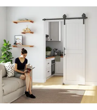 Puerta Corredera de Granero con Herrajes Manija Rodillo y Guía de Suelo Mejorados para Baño Salón 71,5x213,4 cm Blanco