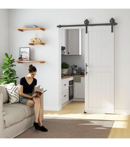 Puerta Corredera de Granero con Herrajes Manija Rodillo y Guía de Suelo Mejorados para Baño Salón 71,5x213,4 cm Blanco