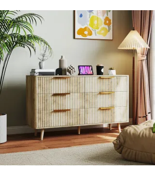 Cómoda de 6 Cajones con Diseño Estriado y Cajonera para Salón Pasillo 62x35x105 cm Roble