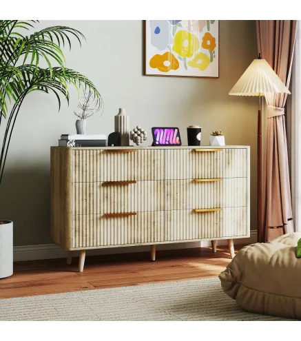 Cómoda de 6 Cajones con Diseño Estriado y Cajonera para Salón Pasillo 62x35x105 cm Roble