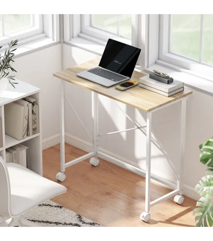 Escritorio Plegable con Ruedas y Estructura Resistente Ideal para Oficina y Estudio 80x40x75 cm Natural y Blanco