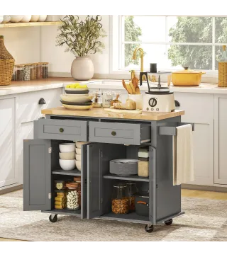 Isla de Cocina con Ruedas Mueble Auxiliar de Cocina con Especiero y Barra Lateral 111x44,5x82,5 cm Gris