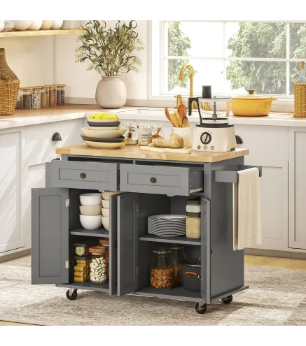 Isla de Cocina con Ruedas Mueble Auxiliar de Cocina con Especiero y Barra Lateral 111x44,5x82,5 cm Gris