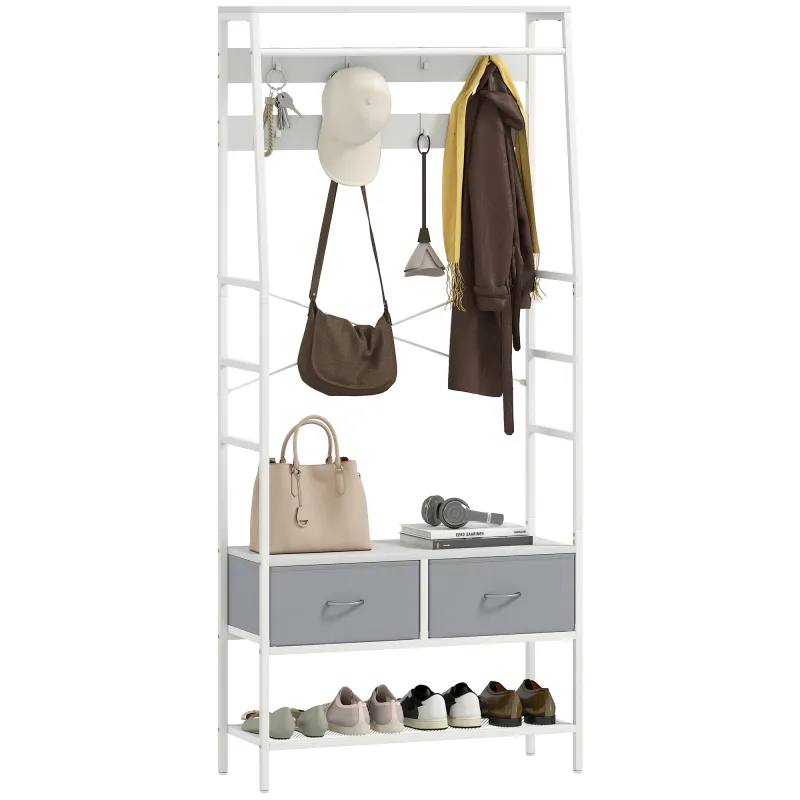 Perchero Zapatero con Zapatero Ganchos Cajones Barra y Eatante para Entrada Pasillo Salón 80x30x180,5 cm Blanco Perchero Zapatero con Zapatero Ganchos Cajones Barra y Eatante para Entrada Pasillo Salón 80x30x180,5 cm Blanco