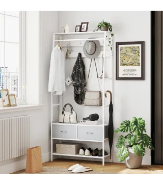 Perchero Zapatero con Zapatero Ganchos Cajones Barra y Eatante para Entrada Pasillo Salón 80x30x180,5 cm Blanco