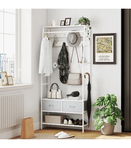 Perchero Zapatero con Zapatero Ganchos Cajones Barra y Eatante para Entrada Pasillo Salón 80x30x180,5 cm Blanco
