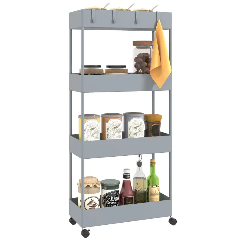 Carro de Cocina de 4 Niveles Carrito Auxiliar con Ruedas 4 Cestas y 4 Ganchos Extraíbles para Salón 40x19x90 cm Gris
