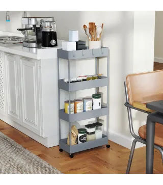 Carro de Cocina de 4 Niveles Carrito Auxiliar con Ruedas 4 Cestas y 4 Ganchos Extraíbles para Salón 40x19x90 cm Gris
