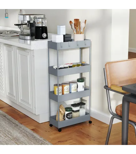 Carro de Cocina de 4 Niveles Carrito Auxiliar con Ruedas 4 Cestas y 4 Ganchos Extraíbles para Salón 40x19x90 cm Gris