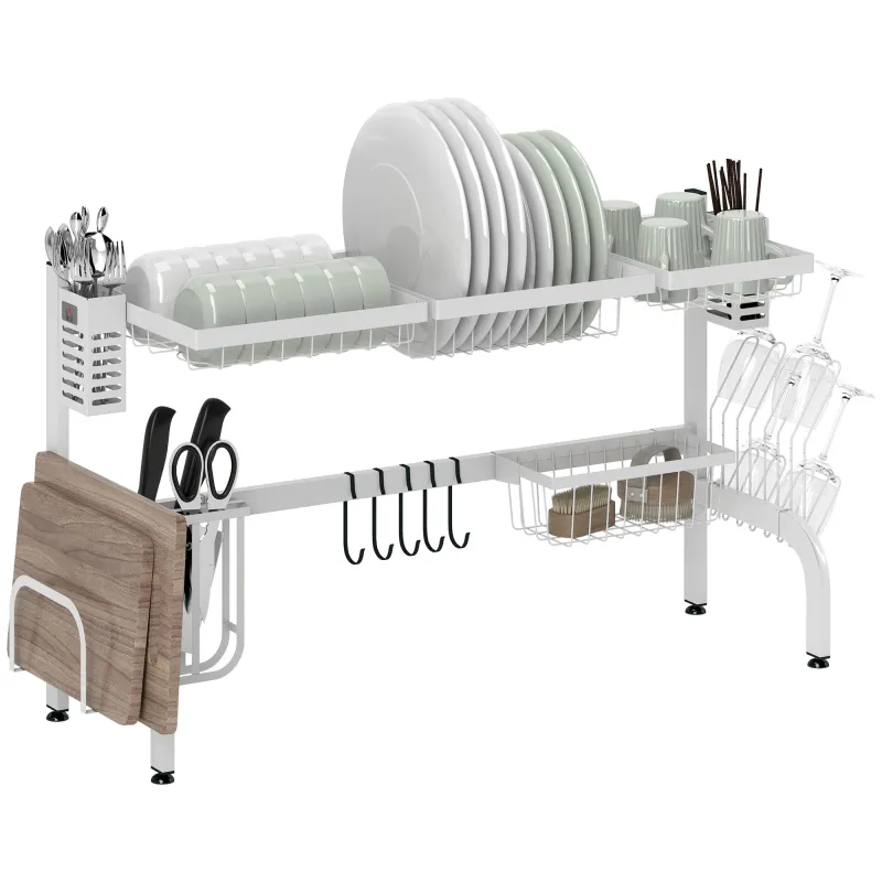 Escurreplatos de Acero de 2 Niveles para Fregadero con Soporte de Tabla de Corte y Cubiertos 100x30x54,5cm Blanco Escurreplatos de Acero de 2 Niveles para Fregadero con Soporte de Tabla de Corte y Cubiertos 100x30x54,5cm Blanco