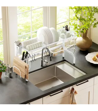 Escurreplatos de Acero de 2 Niveles para Fregadero con Soporte de Tabla de Corte y Cubiertos 100x30x54,5cm Blanco