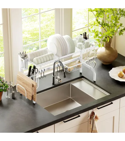 Escurreplatos de Acero de 2 Niveles para Fregadero con Soporte de Tabla de Corte y Cubiertos 100x30x54,5cm Blanco