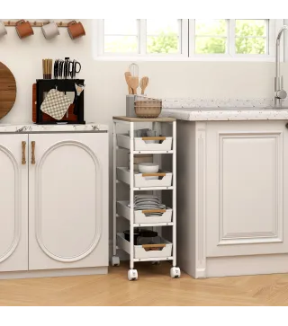 Carro de Cocina de 5 Niveles Carrito Auxiliar con Ruedas Tablero Efecto Madera Cajones Extraíbles 39,5x24x82 cm Blanco