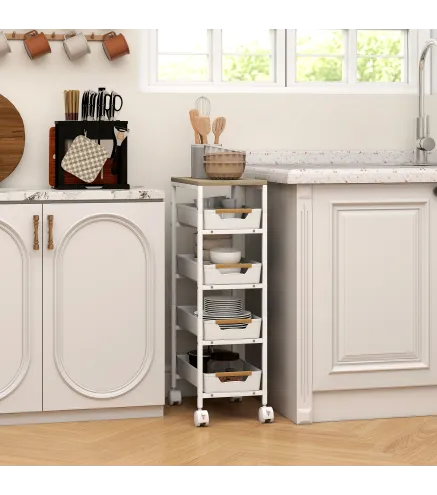 Carro de Cocina de 5 Niveles Carrito Auxiliar con Ruedas Tablero Efecto Madera Cajones Extraíbles 39,5x24x82 cm Blanco