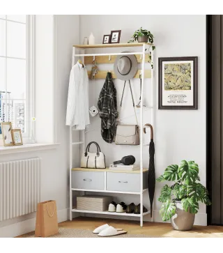 Perchero Zapatero con Zapatero Ganchos Cajones Barra y Eatante para Entrada Pasillo Salón 80x30x180,5 cm Natural