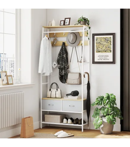 Perchero Zapatero con Zapatero Ganchos Cajones Barra y Eatante para Entrada Pasillo Salón 80x30x180,5 cm Natural