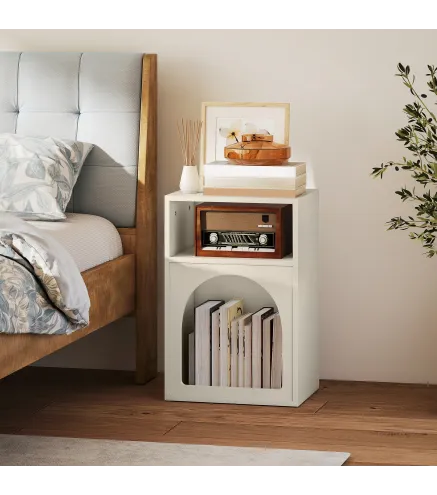 Mesilla de Noche Estrecha con 2 Compartimentos Abiertos Diseño en Forma de Arco 40x30x60 cm Crema