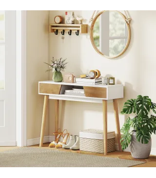 Consola de Recibidor con 2 Cajones Compartimento y Patas de Madera para Pasillo Entrada Entrada Salón Blanco