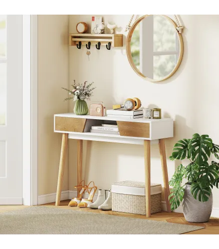 Consola de Recibidor con 2 Cajones Compartimento y Patas de Madera para Pasillo Entrada Entrada Salón Blanco