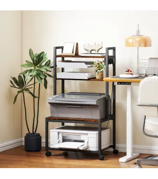 Mueble para Impresora de 4 Niveles con Estación de Carga Ruedas y Marco Metálico para Oficina Casa Marrón Rústico