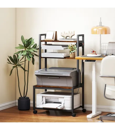 Mueble para Impresora de 4 Niveles con Estación de Carga Ruedas y Marco Metálico para Oficina Casa Marrón Rústico