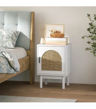 Mesilla de Noche con Puerta de Ratán Estante Ajustable y Patas de Madera Estilo Bohemio 40x35x58 cm Blanco