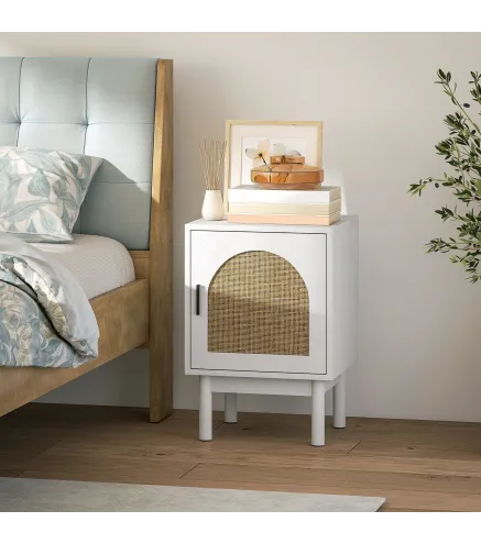 Mesilla de Noche con Puerta de Ratán Estante Ajustable y Patas de Madera Estilo Bohemio 40x35x58 cm Blanco