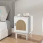 Mesilla de Noche con Puerta de Ratán Estante Ajustable y Patas de Madera Estilo Bohemio 40x35x58 cm Blanco