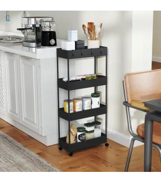 Carro de Cocina de 4 Niveles Carrito Auxiliar con Ruedas 4 Cestas y 4 Ganchos Extraíbles para Salón 40x19x90 cm Negro