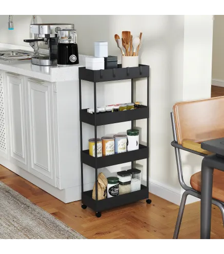 Carro de Cocina de 4 Niveles Carrito Auxiliar con Ruedas 4 Cestas y 4 Ganchos Extraíbles para Salón 40x19x90 cm Negro