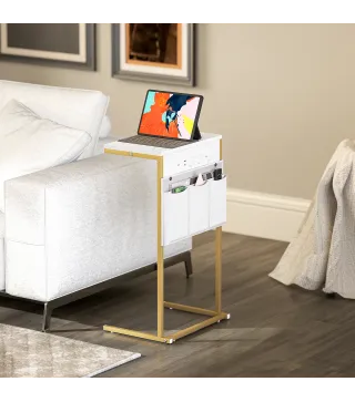 Mesa Auxiliar Estilo Marmolizado con Cargador USB y Espacio de Almacenaje 25,5x40x71 cm Blanco y Dorado