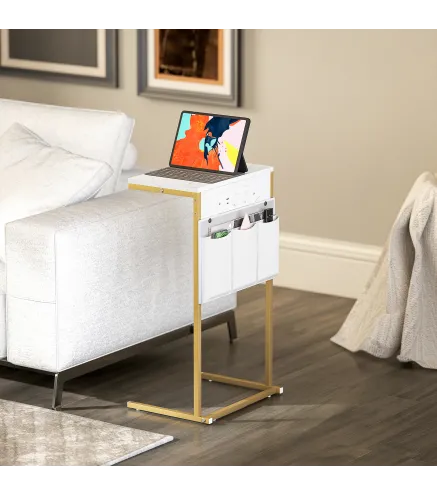 Mesa Auxiliar Estilo Marmolizado con Cargador USB y Espacio de Almacenaje 25,5x40x71 cm Blanco y Dorado