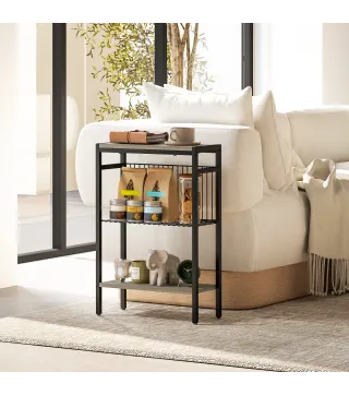 Mesa Auxiliar Estrecha de 3 Niveles con Estantes Abiertos y Estructura de Acero para Salón Dormitorio 43x18x62,5cm Roble