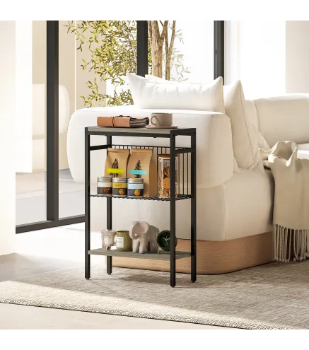 Mesa Auxiliar Estrecha de 3 Niveles con Estantes Abiertos y Estructura de Acero para Salón Dormitorio 43x18x62,5cm Roble