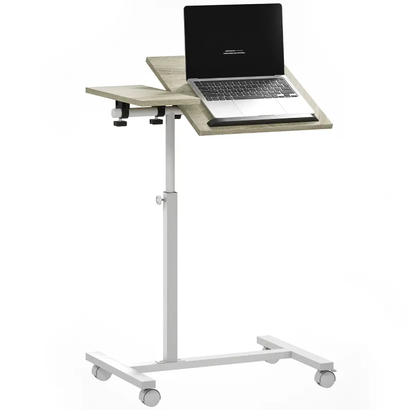 Mesa Auxiliar con Ruedas Altura Ajustable Superficie Inclinable y Marco de Metal 57x40x67,5-101 cm Roble y Blanco