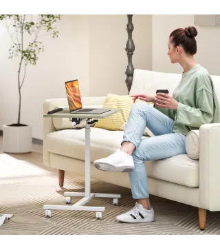 Mesa Auxiliar con Ruedas Altura Ajustable Superficie Inclinable y Marco de Metal 57x40x67,5-101 cm Roble y Blanco