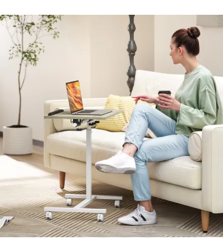 Mesa Auxiliar con Ruedas Altura Ajustable Superficie Inclinable y Marco de Metal 57x40x67,5-101 cm Roble y Blanco