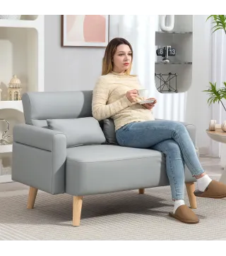 Sofá de 2 Plazas con Tapizado de Cuero Sintético Acolchado Grueso y Patas de Madera para Salón 117x78x78 cm Gris