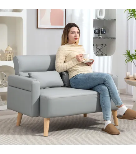 Sofá de 2 Plazas con Tapizado de Cuero Sintético Acolchado Grueso y Patas de Madera para Salón 117x78x78 cm Gris