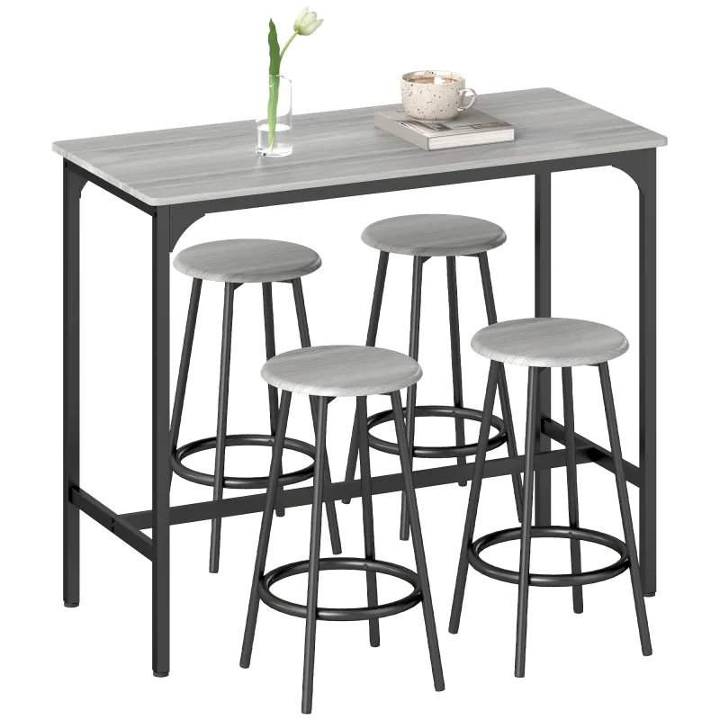 Set de Mesa de Bar y 4 Taburetes Estilo Industrial Marco de Metal para Cocina Salón Gris y Negro