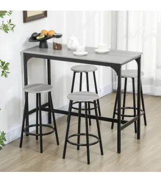 Set de Mesa de Bar y 4 Taburetes Estilo Industrial Marco de Metal para Cocina Salón Gris y Negro