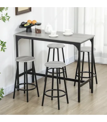 Set de Mesa de Bar y 4 Taburetes Estilo Industrial Marco de Metal para Cocina Salón Gris y Negro