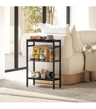 Mesa Auxiliar Estrecha de 3 Niveles con Estantes Abiertos y Estructura de Acero para Salón Dormitorio 43x18x62,5cm Negro