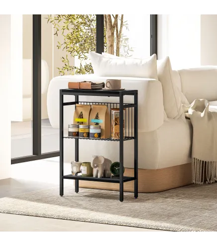 Mesa Auxiliar Estrecha de 3 Niveles con Estantes Abiertos y Estructura de Acero para Salón Dormitorio 43x18x62,5cm Negro
